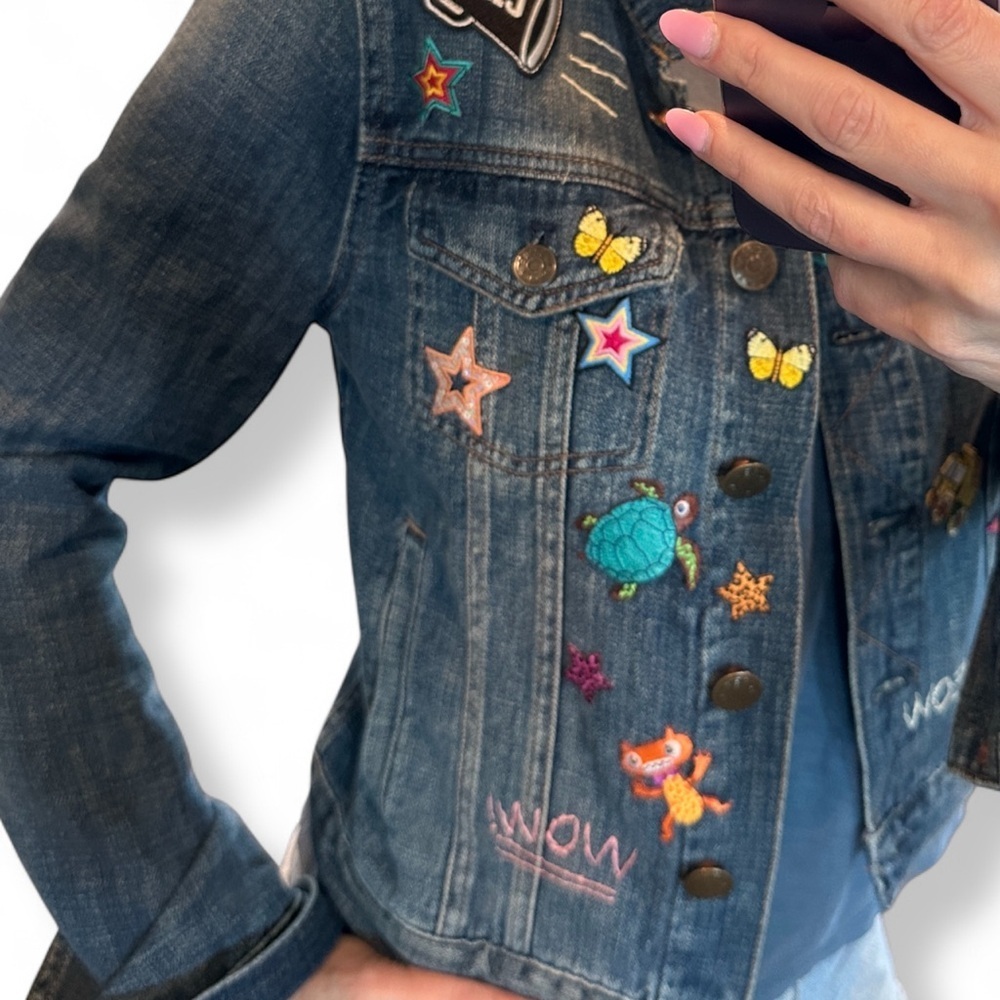 J.Crew Denim Jacket Custom Patch Upcycled Daisy Floral Boho OOAK Sz S - Picture 3 of 9